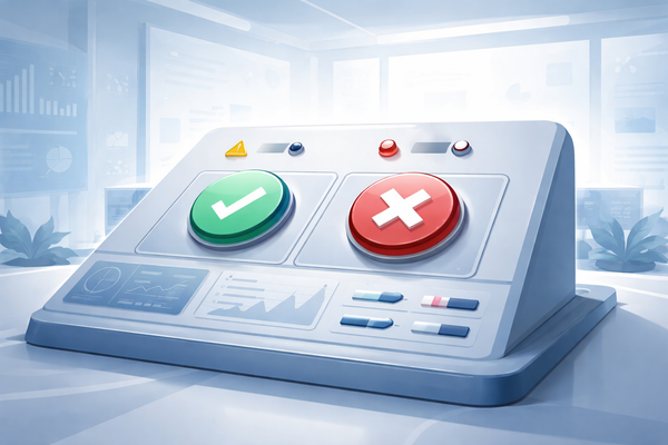 Minimalist illustration of an ERP decision control panel with green approval and red rejection buttons, symbolizing go-live risk and executive decision-making.