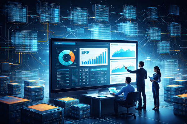 Tableau de bord analytique connecté à un modèle de données ERP complexe composé de nombreuses tables relationnelles