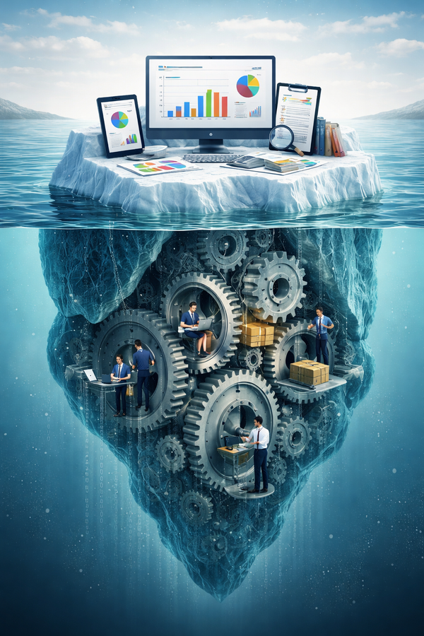 Iceberg concept showing dashboards and analytics tools above the surface while complex gears and workers operate below.