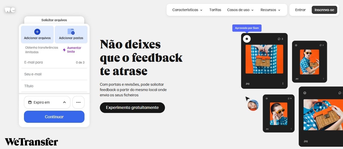 Página inicial do WeTransfer x Fotto