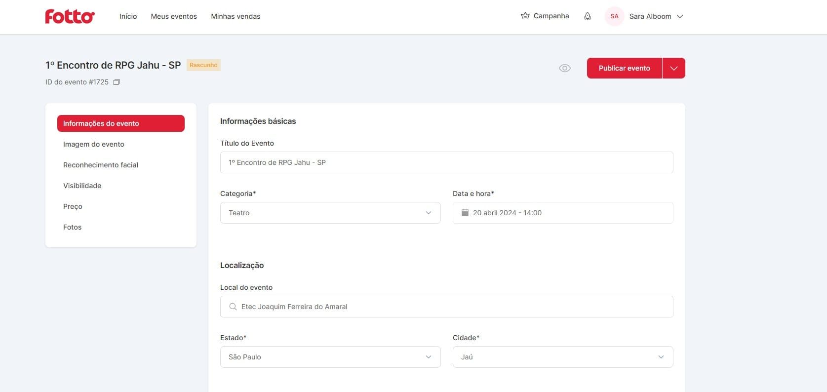 Captura de tela do painel de criação de evento na Fotto
