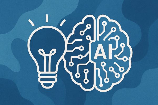 Abstract graphic showing a brain, lightbulb and the word AI