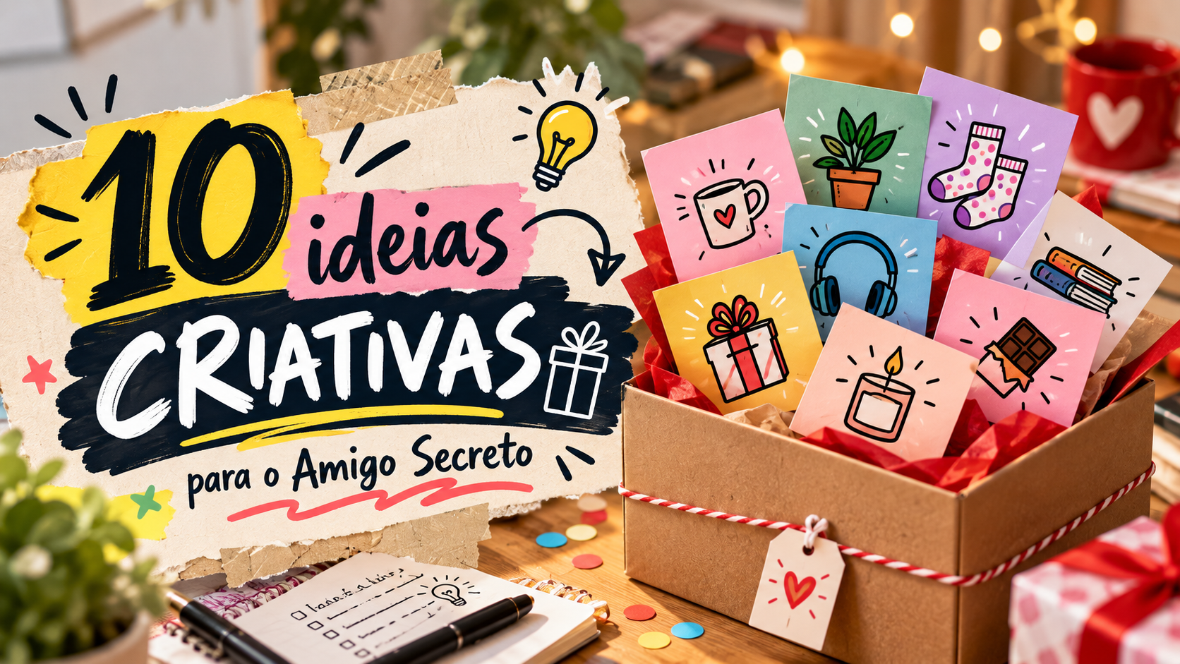 Presentes embrulhados em papéis coloridos com laços sobre uma mesa decorada para o Natal