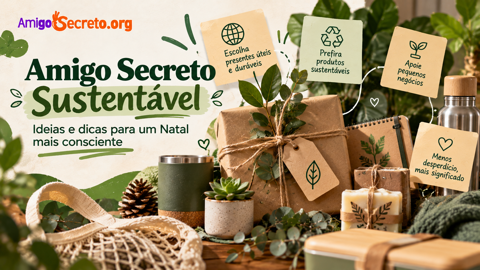Presentes embrulhados em tecido e papel kraft com barbante e ramos verdes