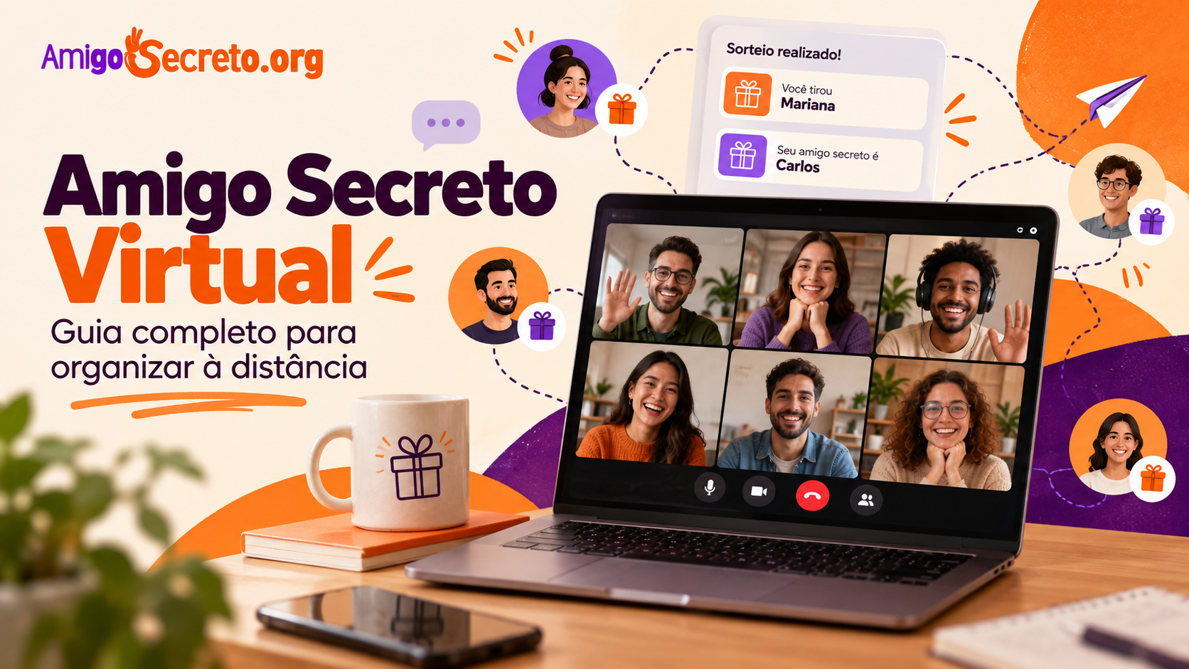 Pessoa segurando um presente embrulhado diante de um notebook em videochamada com amigos