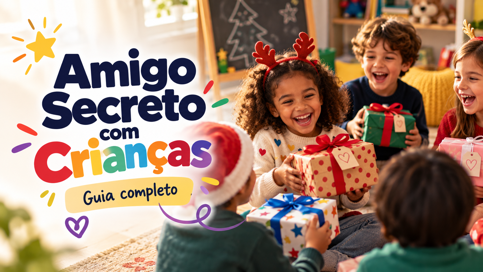 Crianças sentadas em roda trocando presentes embrulhados em uma sala decorada
