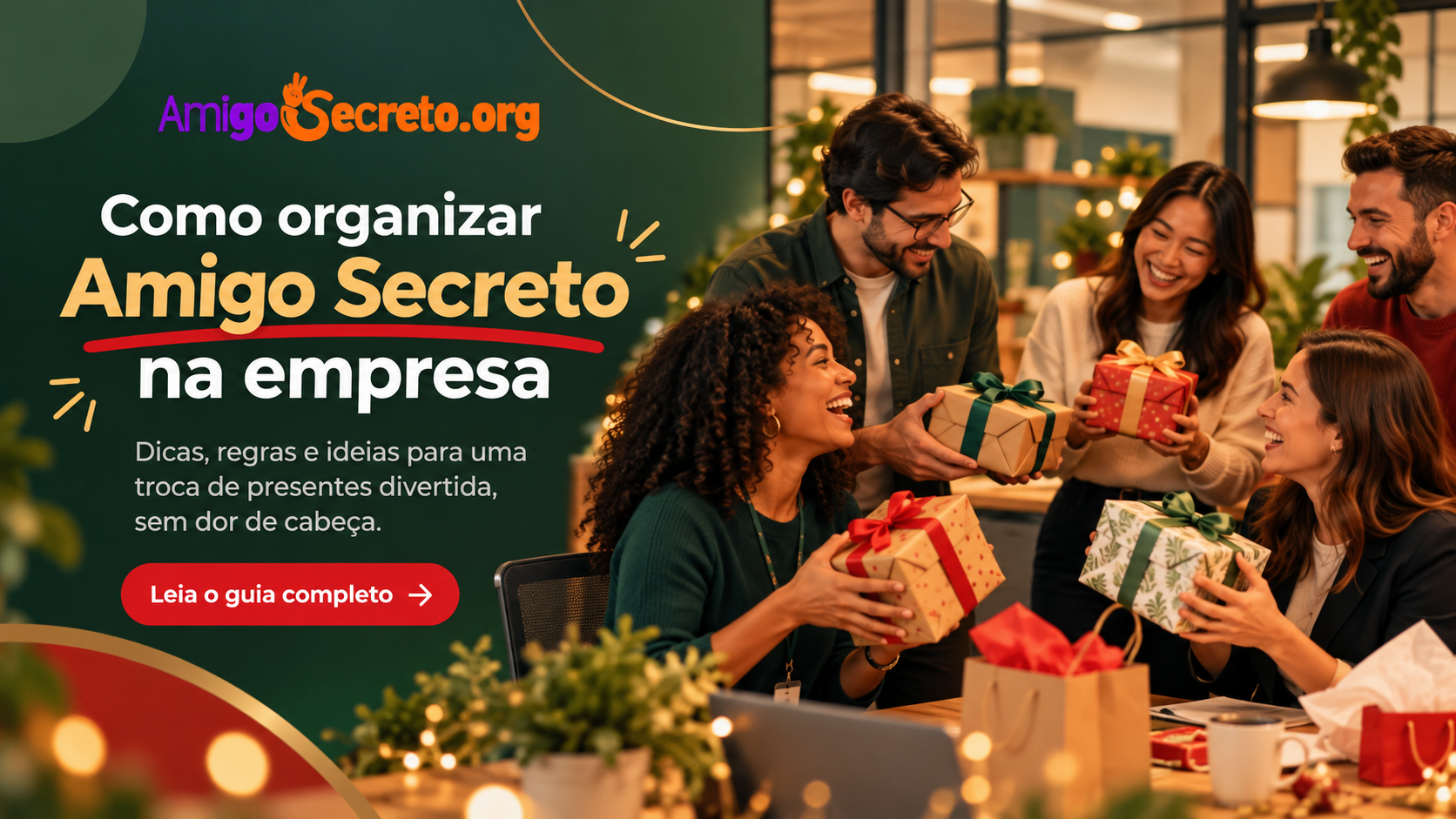 Colegas de trabalho trocando presentes embrulhados em uma confraternização de fim de ano no escritório
