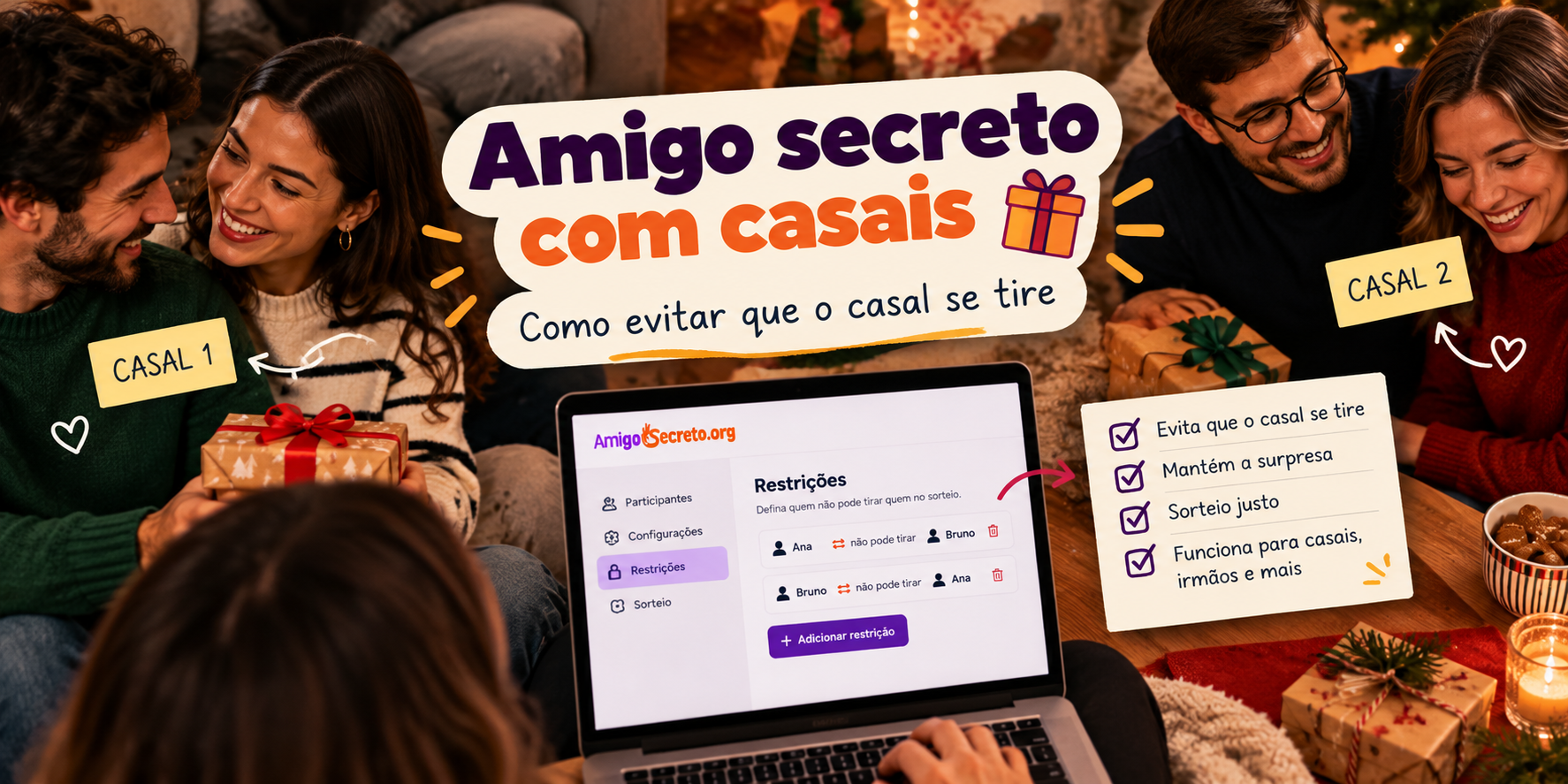 Dois casais participam do amigo secreto enquanto laptop mostra restrições para evitar que o casal se tire.
