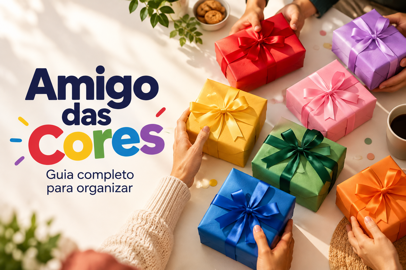 Kits de presentes separados por cor, formando um arco-íris sobre uma mesa