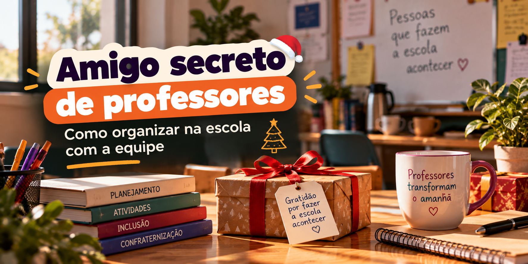 Mesa em sala de professores com presente, livros e caneca, ilustrando amigo secreto organizado na escola.