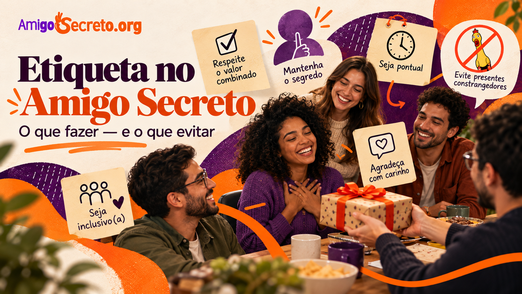 Grupo de amigos trocando presentes embrulhados em volta de uma mesa decorada
