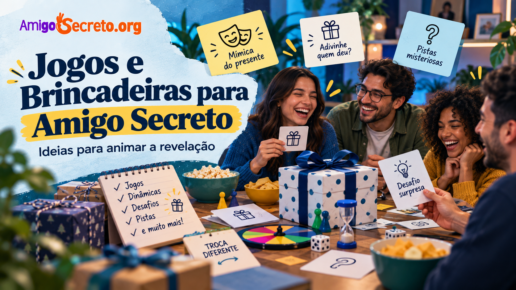 Grupo de amigos rindo em roda durante a troca de presentes de amigo secreto