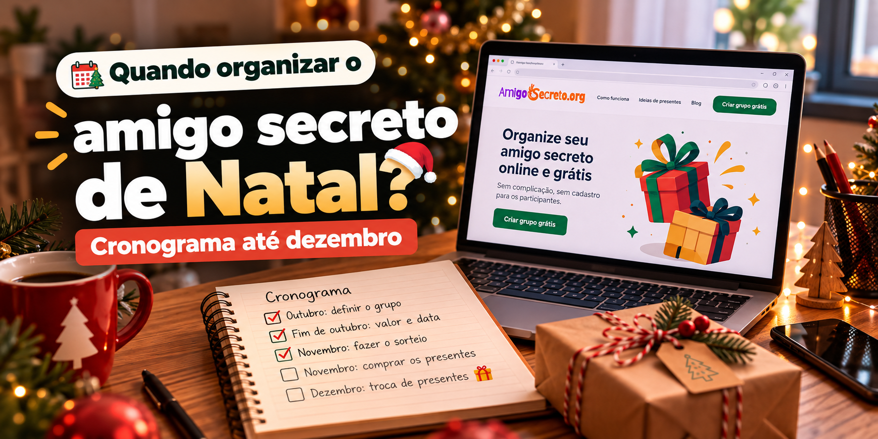Mesa natalina com notebook e caderno de cronograma para organizar amigo secreto de Natal até dezembro.