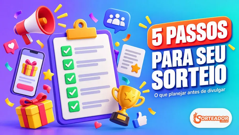 Capa flat colorida com checklist de 5 passos, celular, presente e megafone sobre fundo roxo e azul para tutorial de sorteio.