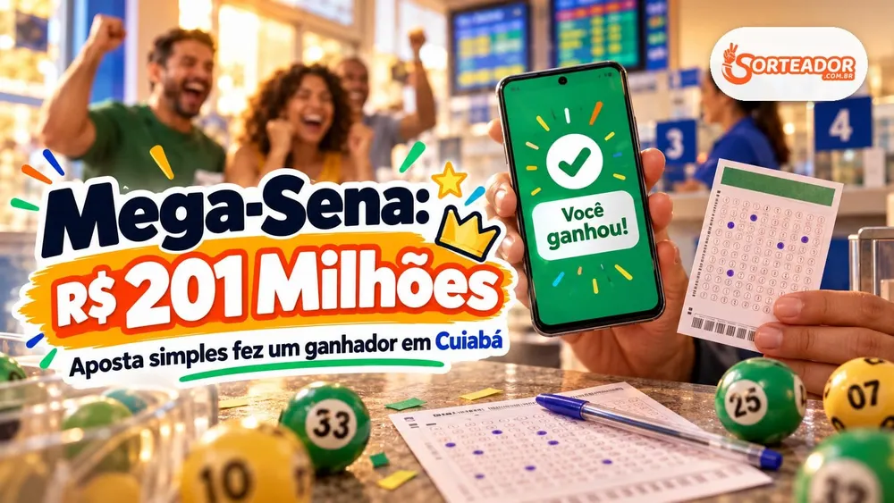 Capa com volante da Mega-Sena, celular com resultado e clima de lotérica para notícia do prêmio de R$ 201 milhões em Cuiabá.