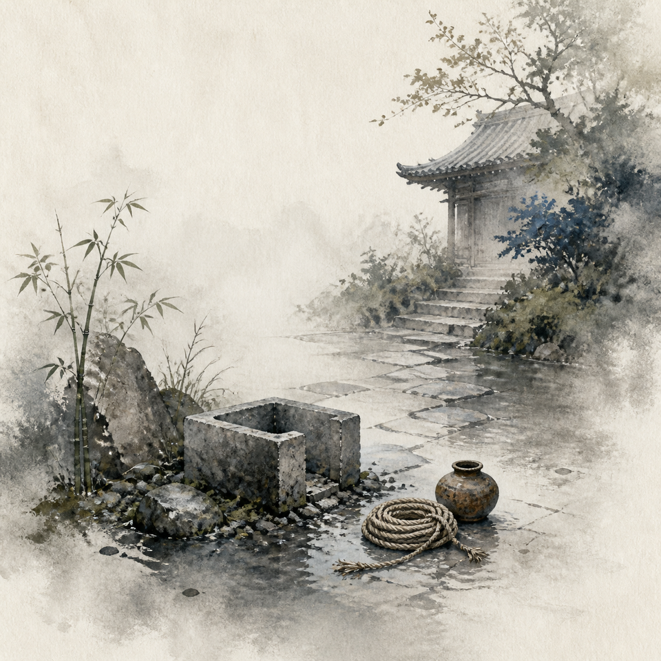 stone basin beside a temple path, with a coiled rope and clay vessel resting on wet ground