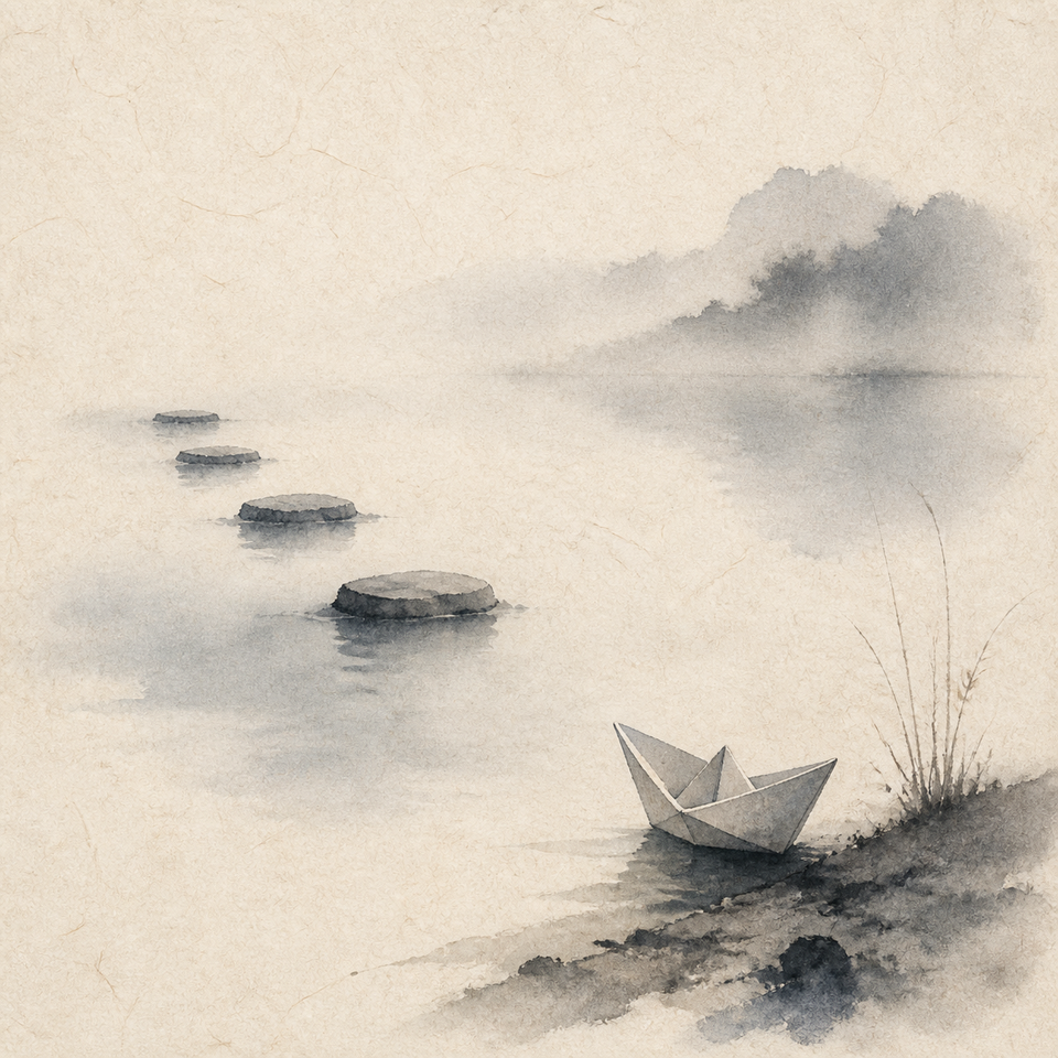 A small paper boat waits beside an empty mist-covered field and a broken line of stepping stones.