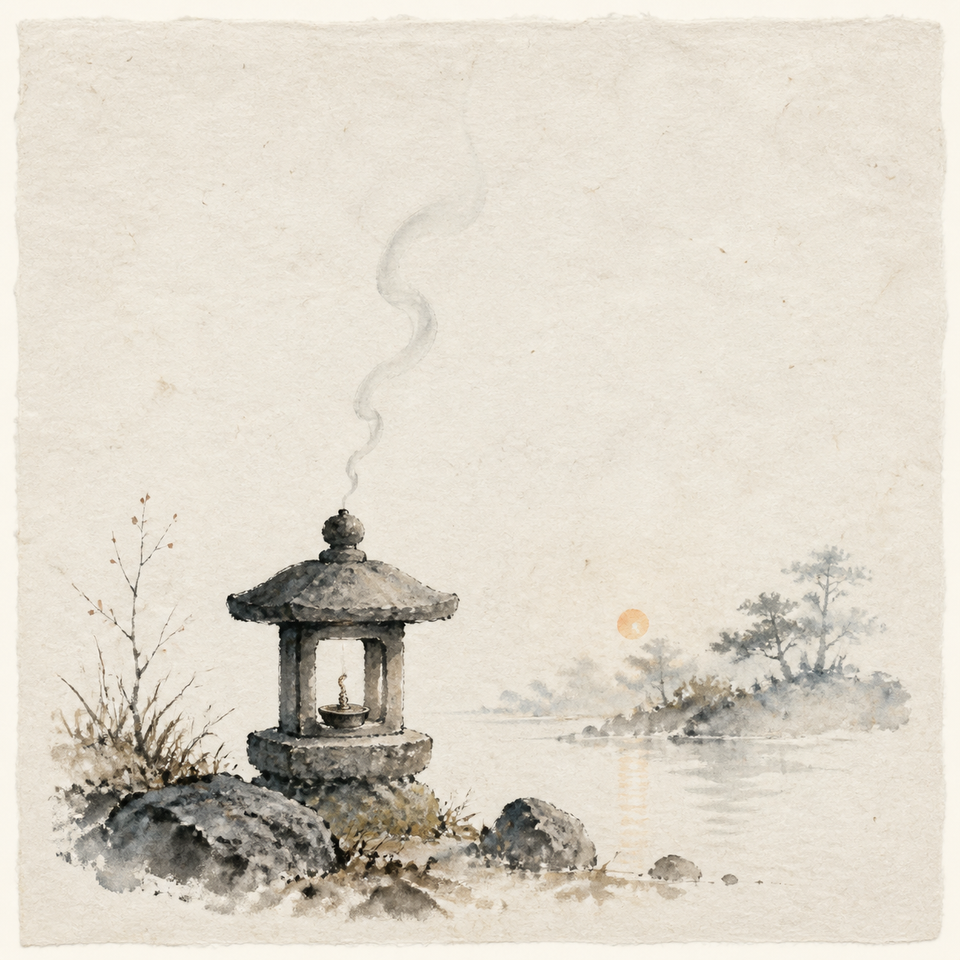 sumi-e painting of a stone lantern beside a quiet lake, with smoke rising into a misty sky