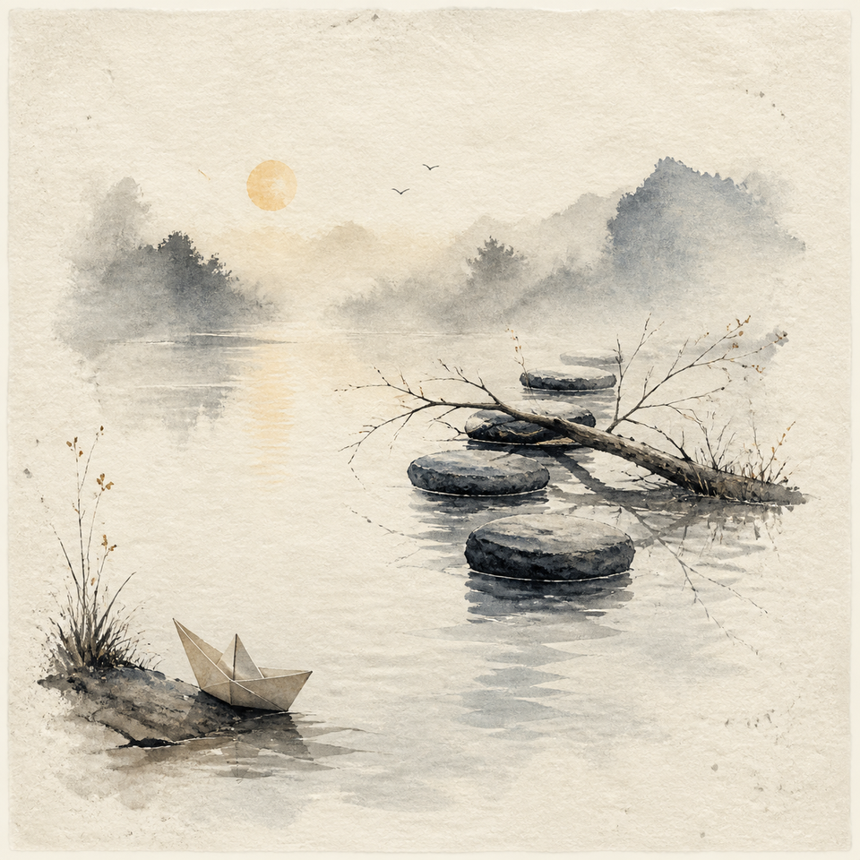 A small paper boat waits beside a misty pond where stepping stones are blocked by a fallen branch.