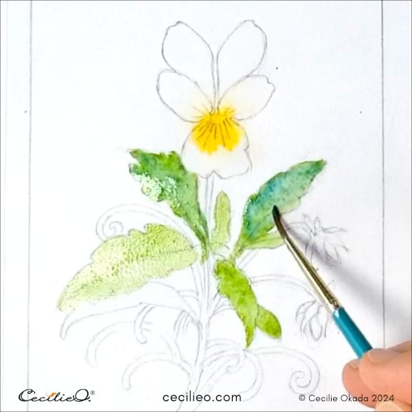 Watercolor the green leaves, adding some blue on the fresh green. 