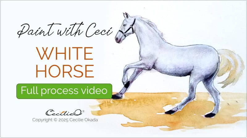 Watch video of painting horse with watercolor and drawing with colored pencils.