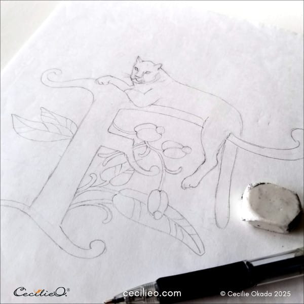Sketching the letter F with a leopard resting on the arm of the F.