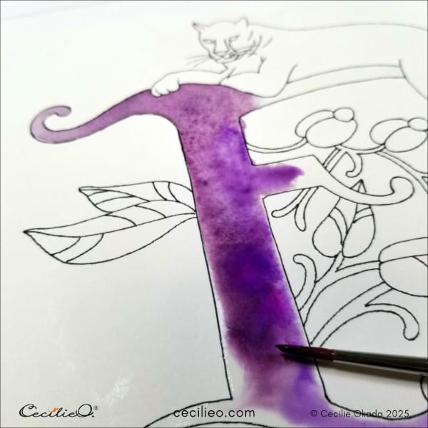 Purple watercolor for the letter.