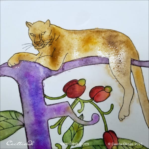 Ochre watercolor for the leopard resting on the letter F.