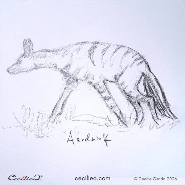 Sketch of an aardwolf with a resolute, suspicious posture and "mafia" vibes.