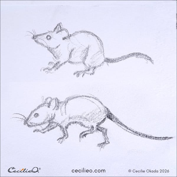Sketch of two mice, one sitting still and one scurrying away.