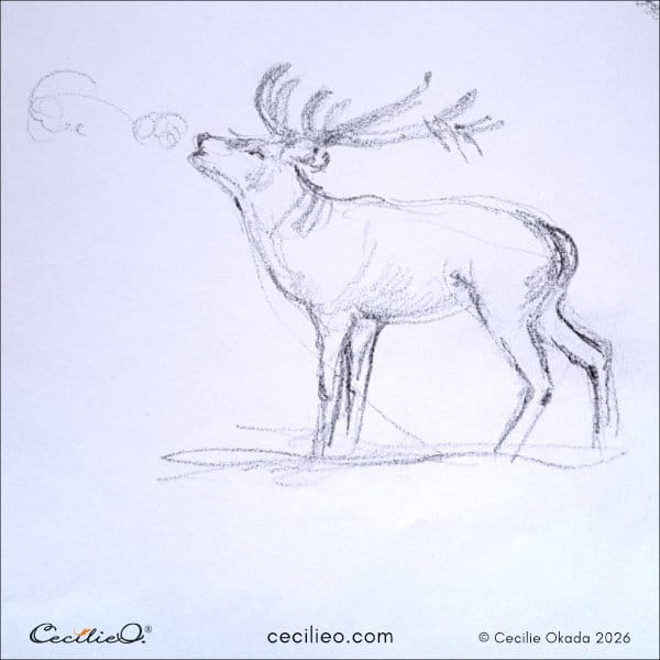 Wspy pencil strokes of a reindeer in a cold, wintry atmosphere.
