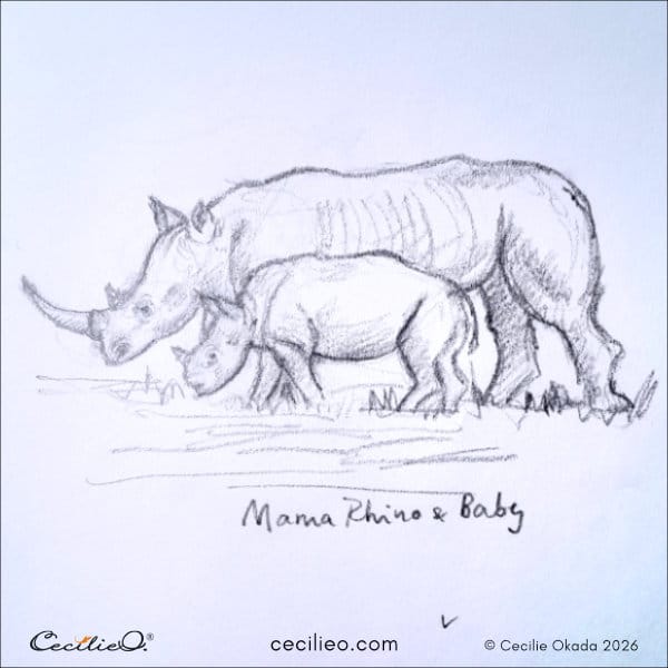 Bold, grounded sketch of a mother rhino and her calf.
