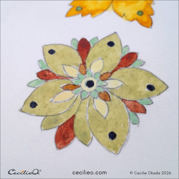 Completed painting of an ornamental art shape inspired by color swatches picked from a lizard.
