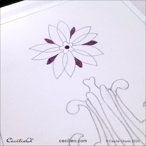 Painting the first, purple color on the ornamental shape.