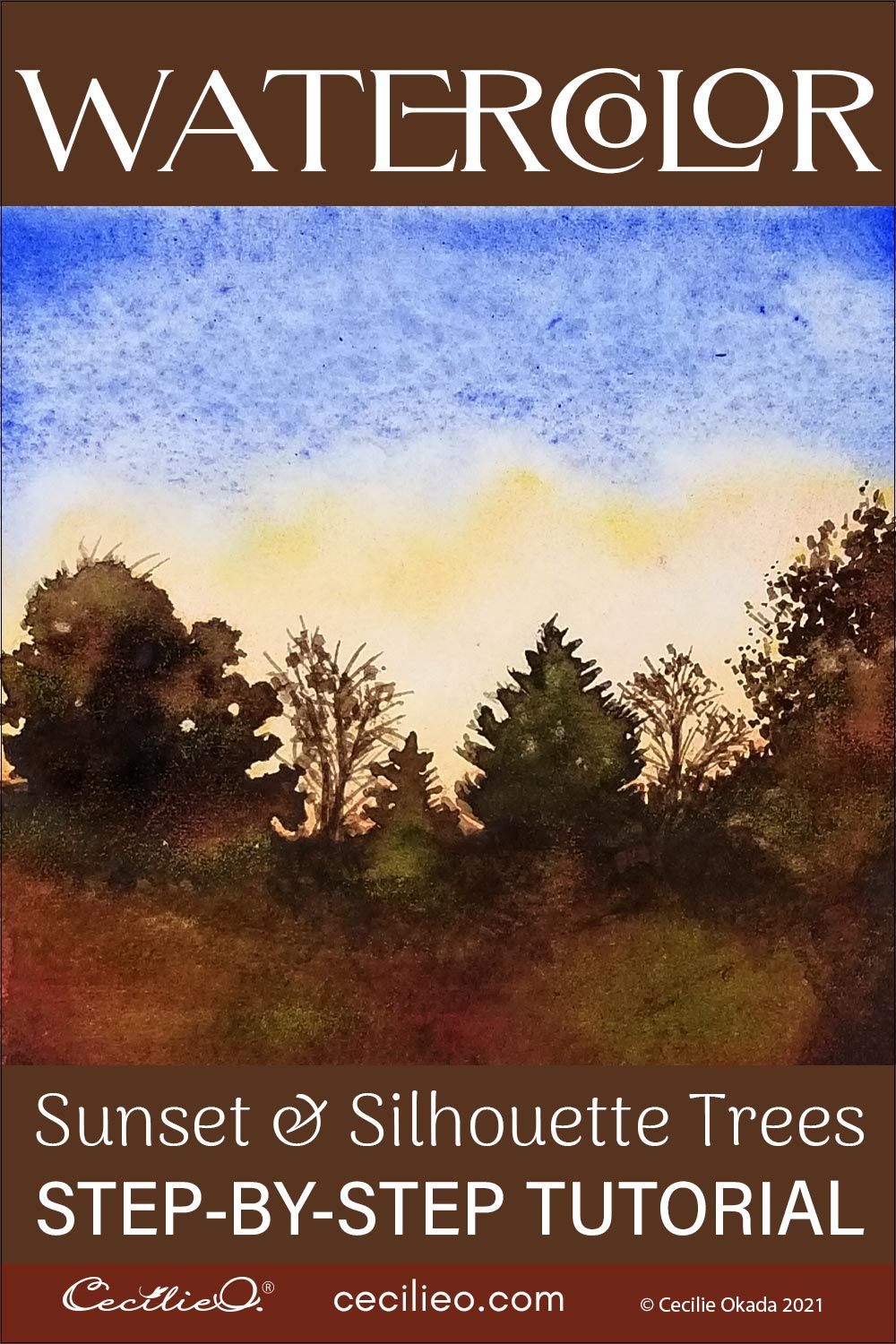 How to Paint a Golden Watercolor Sunset With Silhouette Trees Post feature image