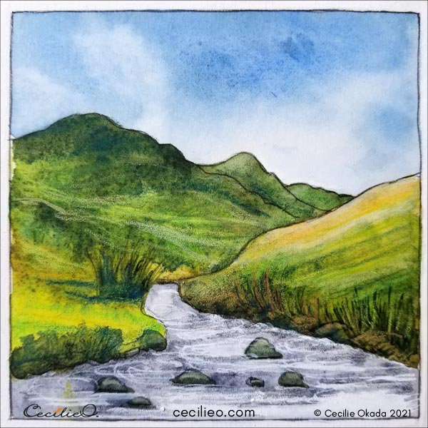 The completed watercolor landscape tutorial. 