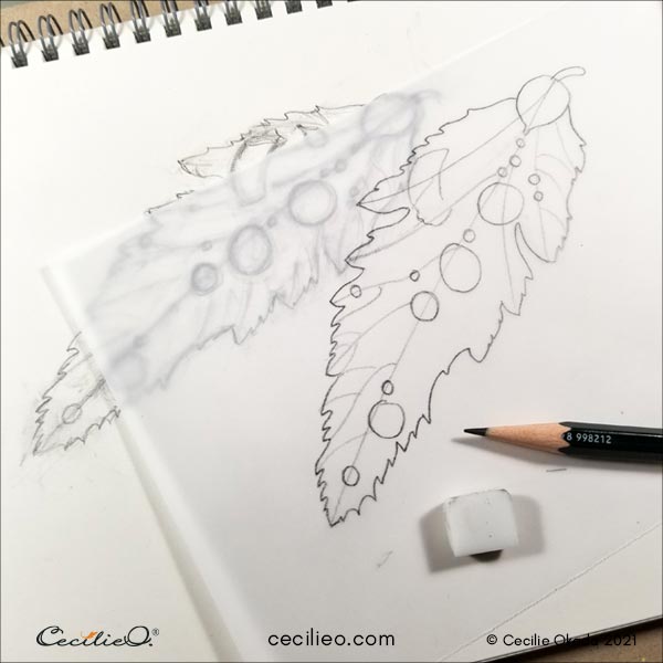 Drawing if the leaf with water drops.