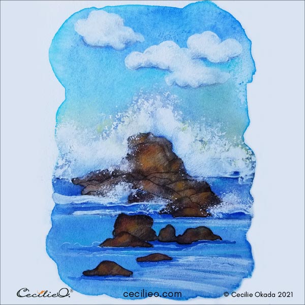 The finished painting with a watercolor wave in a dramatic seascape. 
