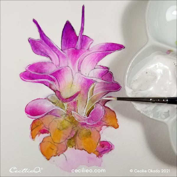 Painting the light areas of the flower with white gouache.
