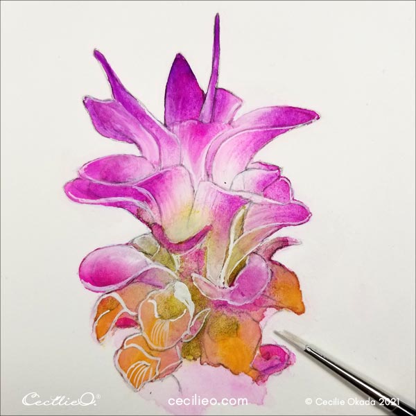 Painting white outlines on the lower part of the flower.