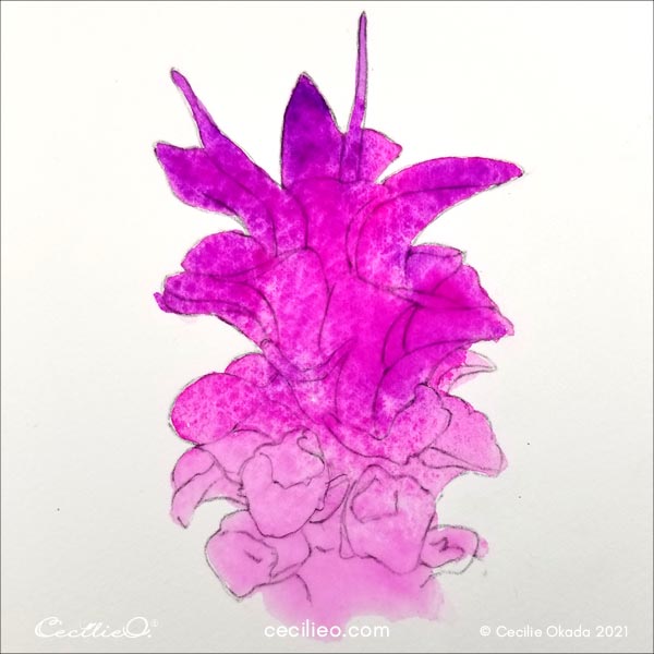 Painting the whole flower with pink watercolor.