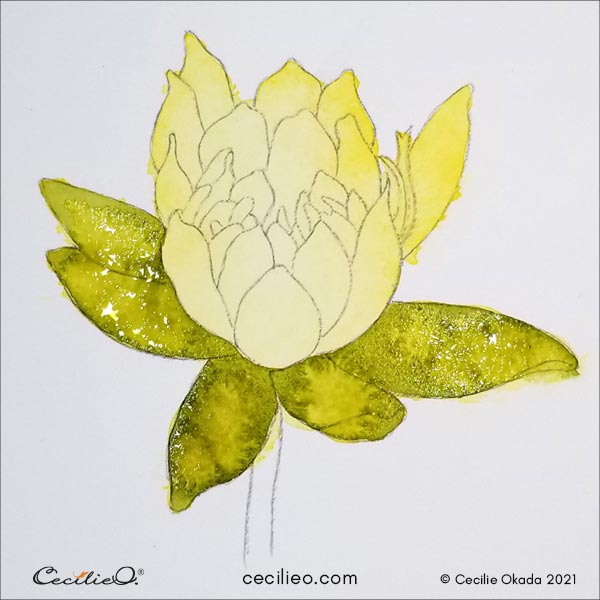 Adding the first green color to the petals.