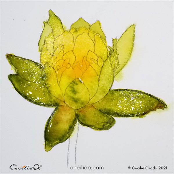 painting the whole lotus with shades of yellow and green.