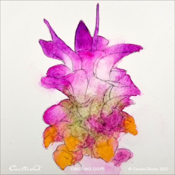 Painting the lower petals with yellow, turning orange as yellow mixes with pink.