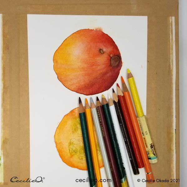 Drawing the details of the pumpkin with colored pencils. 