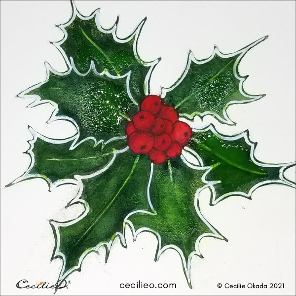 Painting anew layer of watercolor on the leaves with apple green.