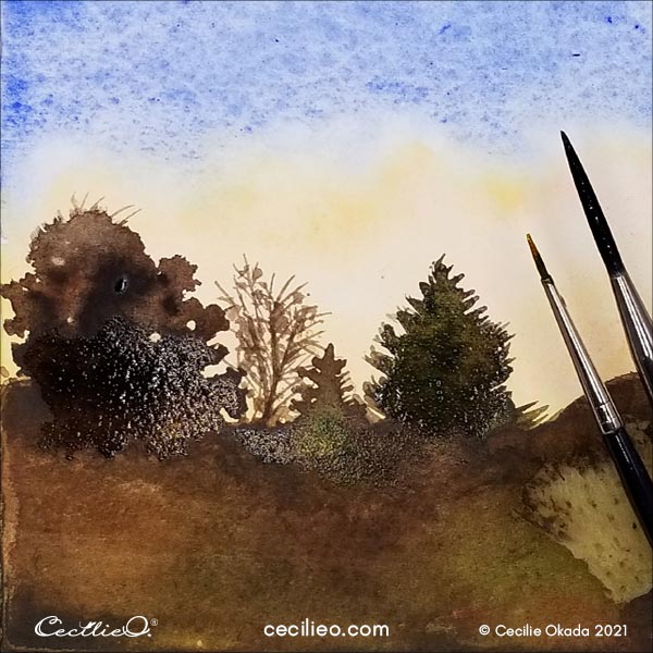 Watercolor the rest of the trees with fine brushes.