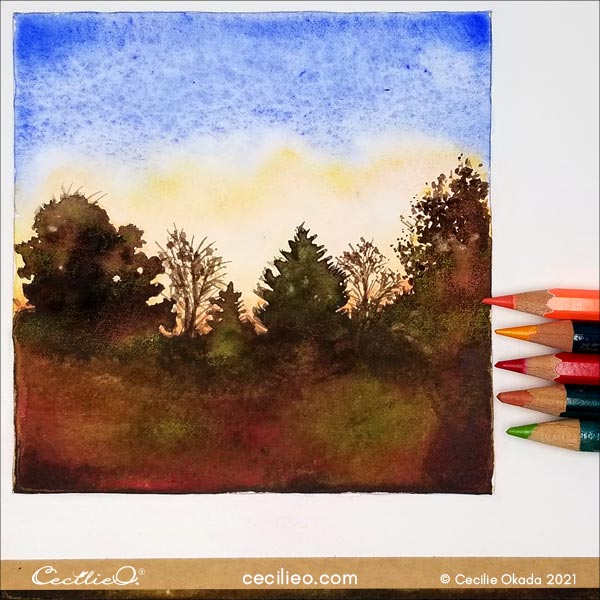 Enhance the watercolor painting with colored pencils.