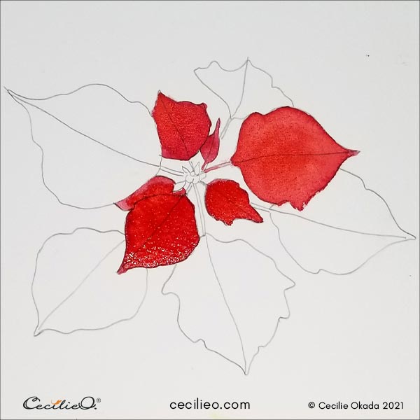 Painting the read-pink leaves with watercolor.
