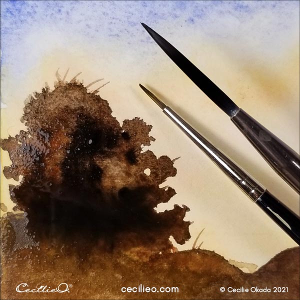 Watercolor the first silhouette tree.